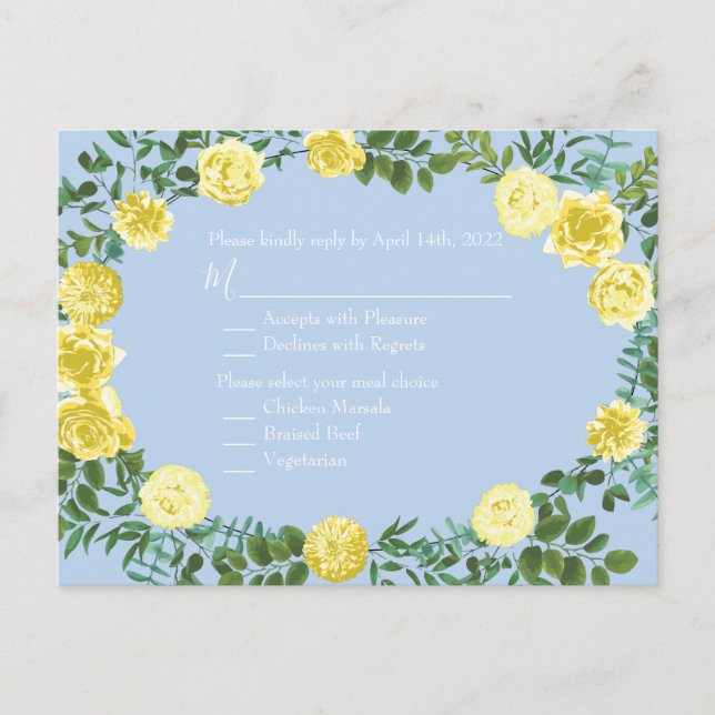 Hellgelbe, blass blaue Rose Hochzeitskarte Postkarte (Vorderseite)