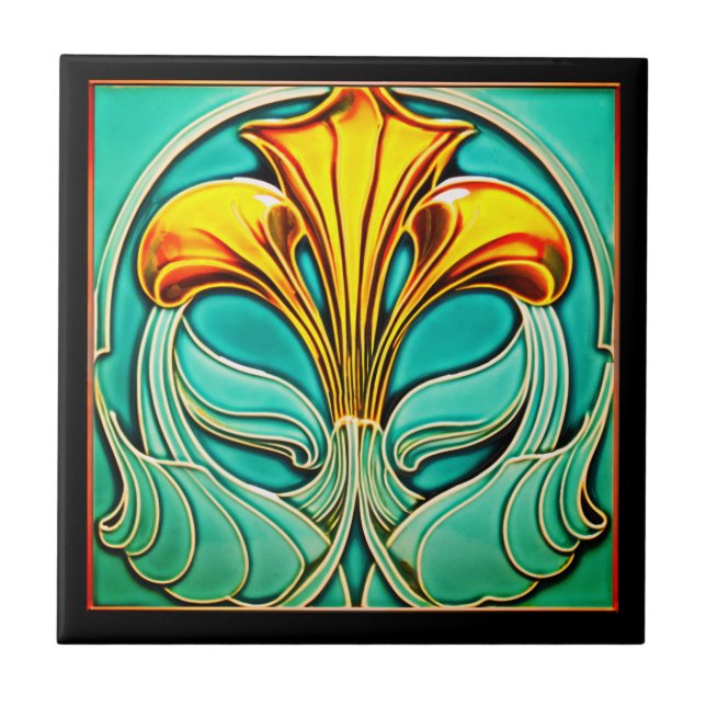 Hellgelbe Blumen Art Deco Keramik Tile Fliese (Vorderseite)