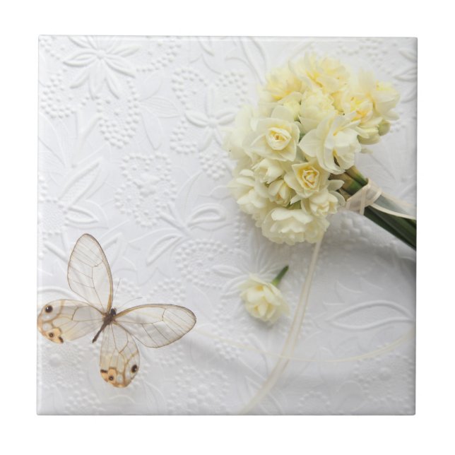 hellgelbe Blumen mit Schmetterlingsfliese Fliese (Vorderseite)