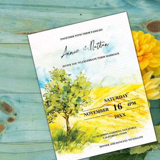 Hellgelbe Landschaft Farmland Hochzeit einladen Postkarte (Bright Yellow Landscape Farmland Wedding Invite)