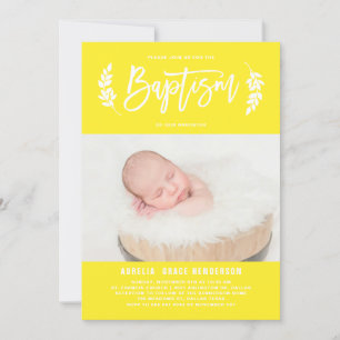 Hellgelbe Laurel Wreath Baby Foto Taufe Einladung