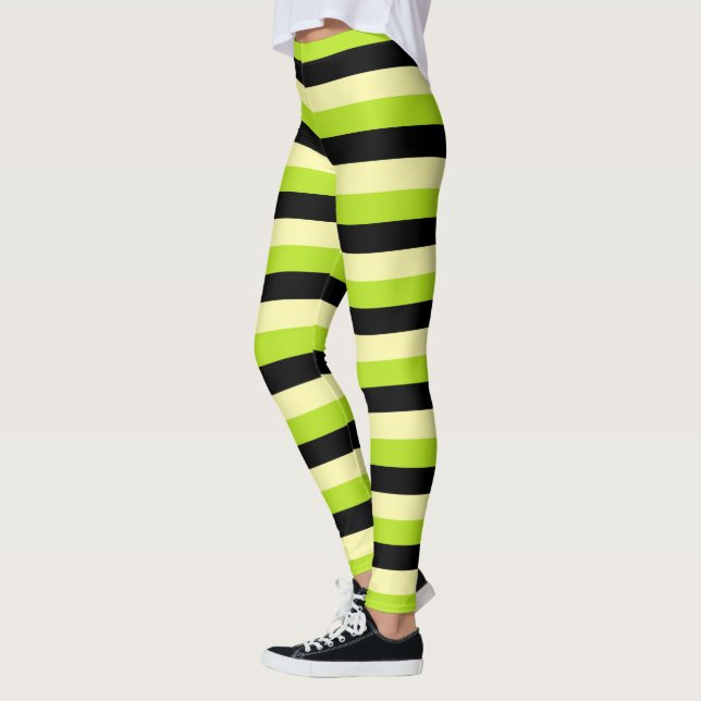 Hellgelbe, Limone grüne und schwarze Streifen Leggings (Links)