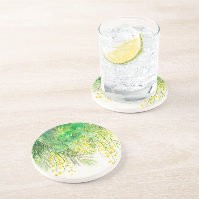 Hellgelbe Mimosa Aquarellfarben Blume Malerei Getränkeuntersetzer (Seite)