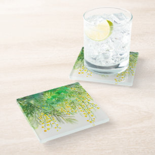 Hellgelbe Mimosa Aquarellfarben Blume Malerei Glasuntersetzer