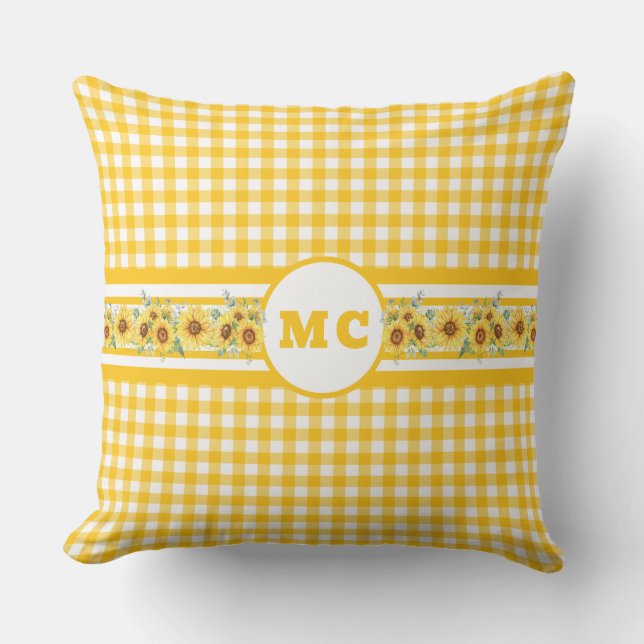 Hellgelbe Monogram Gingham Kariert Sonnenblume Kissen (Vorderseite)