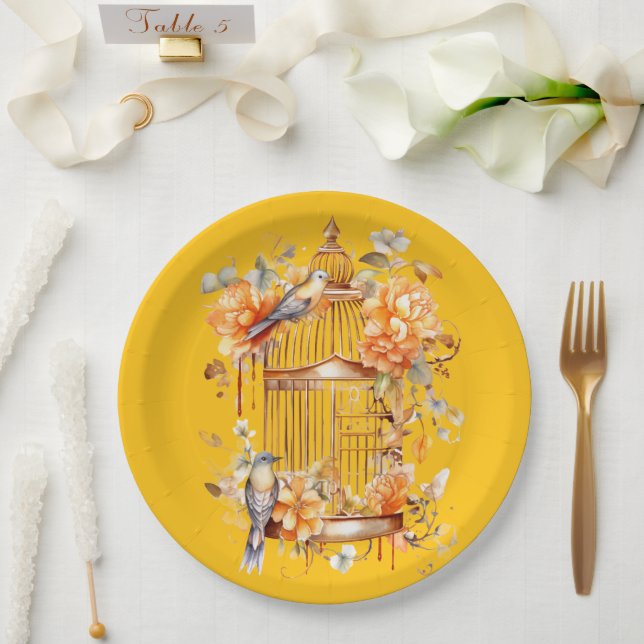 Hellgelbe Pfirsichbronze Birdcage Dusche Pappteller (Hochzeit)