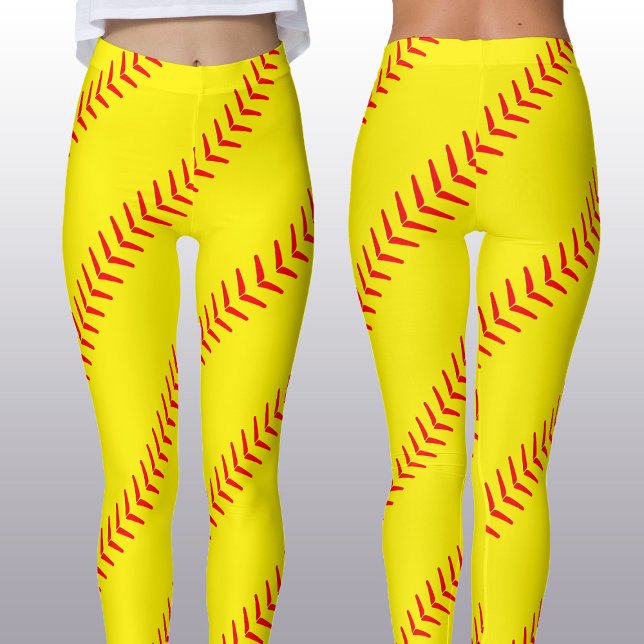 Hellgelbe Schnürsenkel-Softball-Stiche (Nähte) Leggings (Bright yellow fastpitich softball leggins with red seams for softball players and fans.)