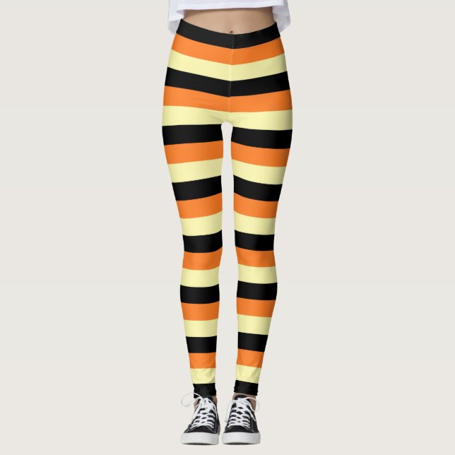 Hellgelbe, schwarze und orange Streifen Leggings (Vorderseite)