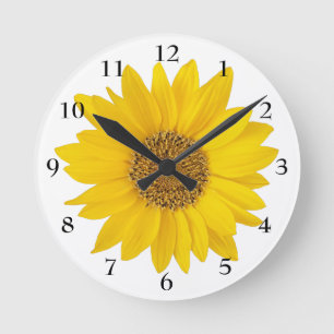 Hellgelbe Sonnenblume auf weißer Blume Runde Wanduhr