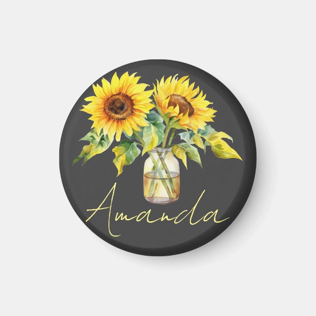Hellgelbe Sonnenblumen auf schwarzem Minimalistisc Magnet (Vorne)