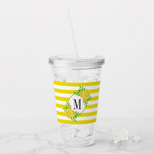 Hellgelbe Streifen Zitrusfrüchte-Scheiben-Monogram Acryltrinkbecher