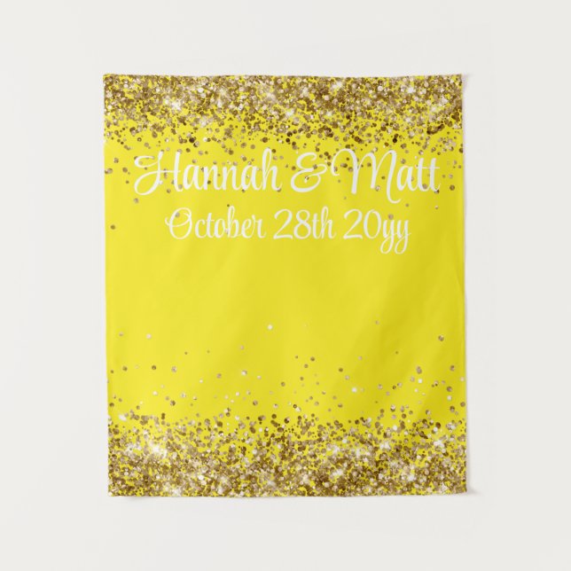 Hellgelbe und goldene Glitter-Hochzeits-Fotobooth  Wandteppich (Vorderseite)