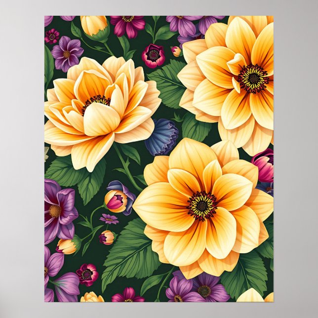 Hellgelbe und violette Blumen farbenfrohe Blumen Poster (Vorne)