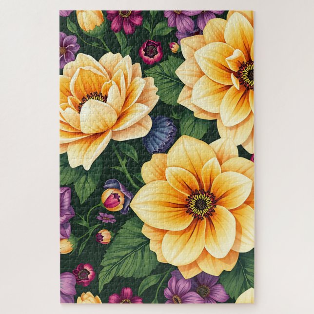 Hellgelbe und violette Blumen farbenfrohe Blumen Puzzle (Vertikal)