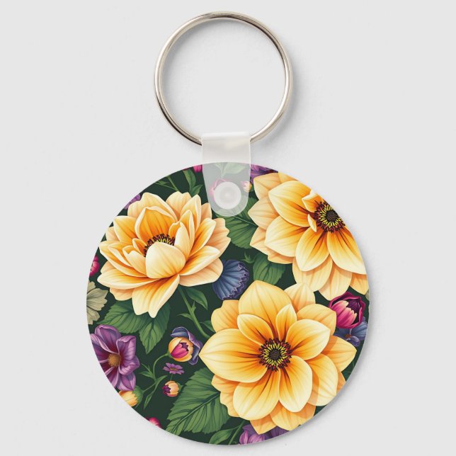 Hellgelbe und violette Blumen farbenfrohe Blumen Schlüsselanhänger (Vorderseite)
