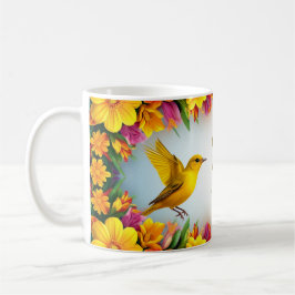 Hellgelbe Vögel in einem lebendigen Blumenrahmen Kaffeetasse