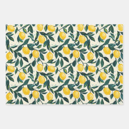 Hellgelbe Zitrone Gemustertes Set von 3 Geschenkpapier Set