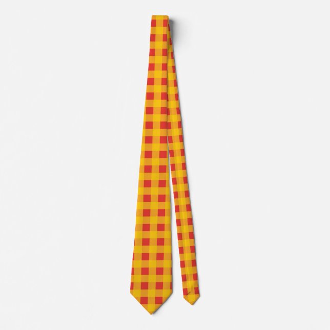 Hellgelber Gingham in Rot und Orange Checked Krawatte (Vorderseite)