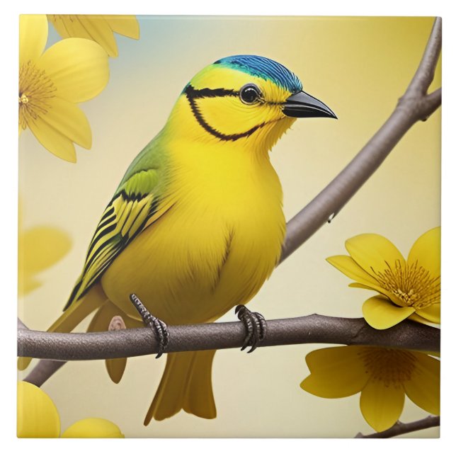 Hellgelber Songbird auf einem Zweig Fliese (Vorderseite)