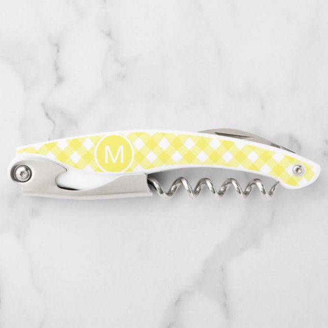 Hellgelbes klassisches Gingham-Muster mit Monogram Kellnermesser (Vorderseite)
