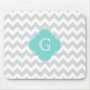 Hellgrau Weiß Chevron Aqua Quatrefoil Monogramm Mousepad