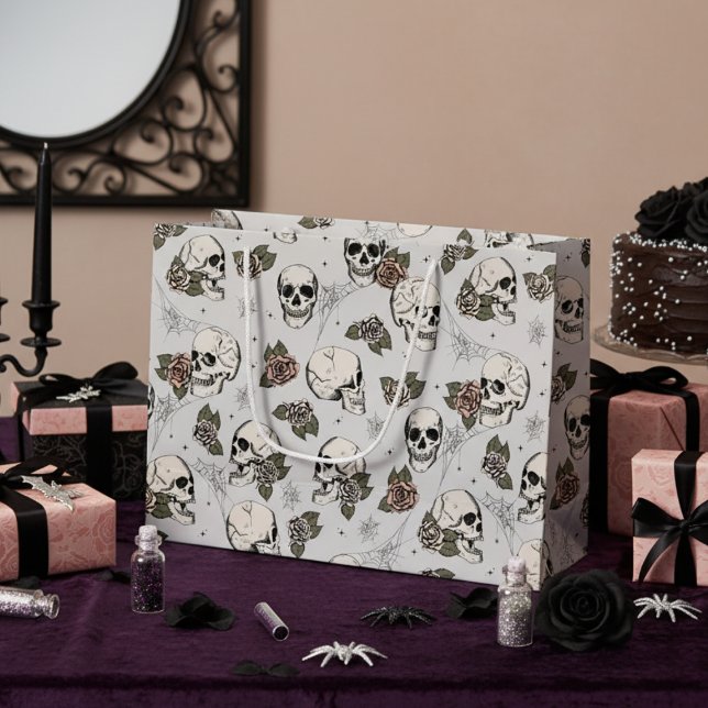 Hellgraue Gothic Skulls und Rose Halloween Große Geschenktüte (Elegant Skull and Roses Gothic Halloween Gift Bags for Her. Gothic Chic Style. Floral Skulls Pattern)