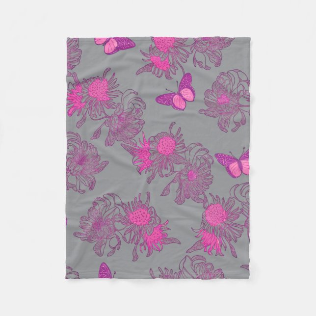 Hellgraue rosa Schmetterlings-Blumen-Fliesblanke Fleecedecke (Vorderseite)