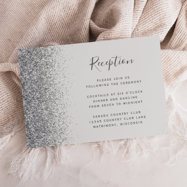 Hellgraue Silver Glitzer Hochzeitsempfang Begleitkarte (Von Creator hochgeladen)