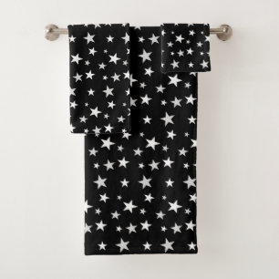 Hellgraue und weiße Sterne auf Schwarz Badhandtuch Set