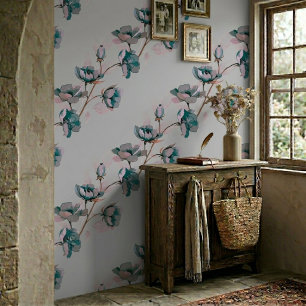 Hellgraue Vintage Wasserfarbe Blaue Blume Streifen Tapete