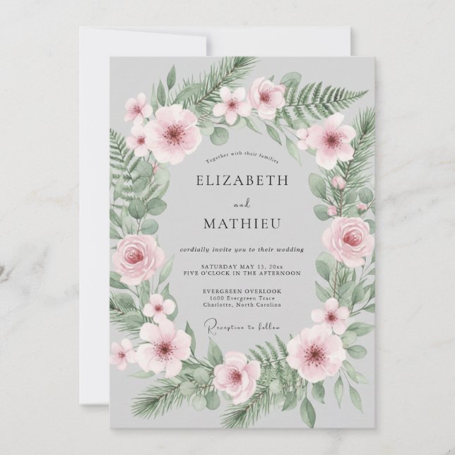 Hellgraue weiche botanische Winterhochzeit Einladung (Vorderseite)
