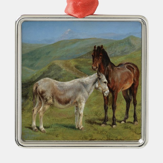 Hellgraues Pferd auf einem Feld (Pferdezucht) Ornament Aus Metall (Vorne)