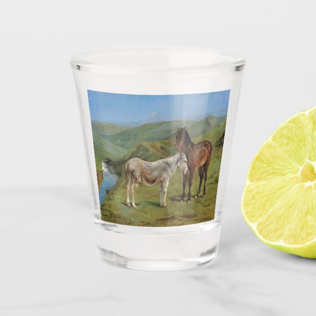 Hellgraues Pferd auf einem Feld (Pferdezucht) Schnapsglas (Vorderseite)