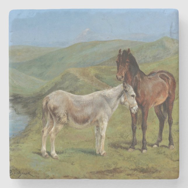 Hellgraues Pferd auf einem Feld (Pferdezucht) Steinuntersetzer (Vorderseite)