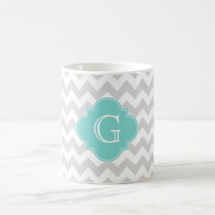 Hellgraues Zickzack Aqua Quatrefolienmonogramm Kaffeetasse