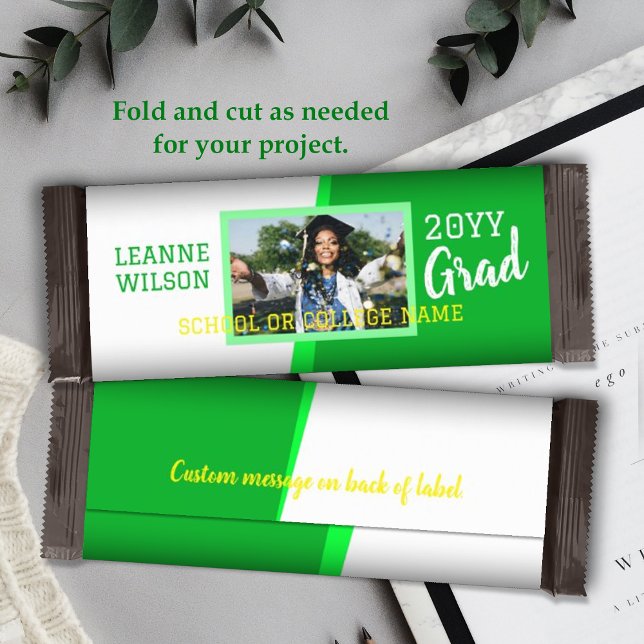 Hellgrün, gelber Abschluss, Bonbons Bar Wrapper Flyer (bright green school colors graduation personalized candy bar wrapper, diy chocolate bar label)