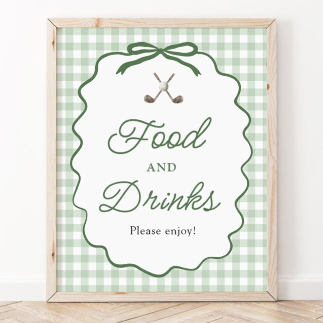 Hellgrün kariert gebogener Golf-Essen- und Getränk Poster (Sage Green Gingham Bow Golf Food and Drinks Sign)