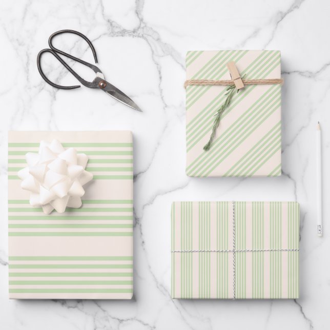 Hellgrün und beige, fünf Streifen Geschenkpapier Set (Vorderseite)