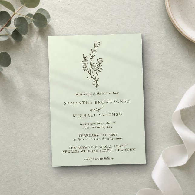 Hellgrüne Boho-Minimal-Botanik-Blumenstrauß Einladung (Von Creator hochgeladen)