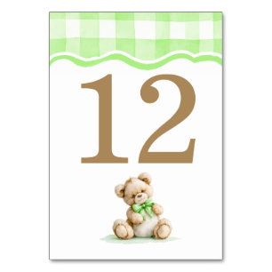 Hellgrüne Gingham- und Teddybär-Baby-Party Tischnummer