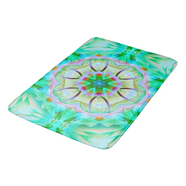 Hellgrüne grinartige Textur, blühendes Kaleidoskop Badematte (Schrägansicht)