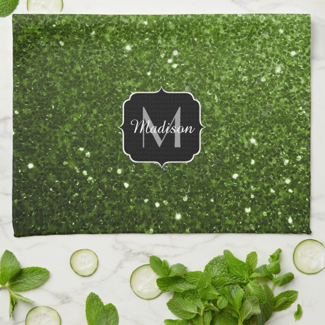 Hellgrüne Grünpflanzen Glitter Funkeln Monogramm Geschirrtuch (Gefaltet)