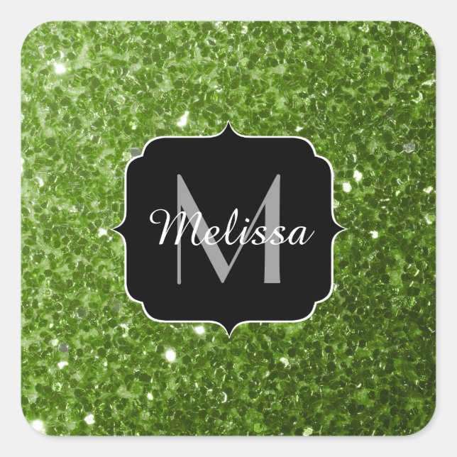 Hellgrüne Grünpflanzen Glitter Funken Monogramm Quadratischer Aufkleber (Vorderseite)