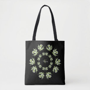 Hellgrüne Orchideen auf schwarzer Schulter-Tasche