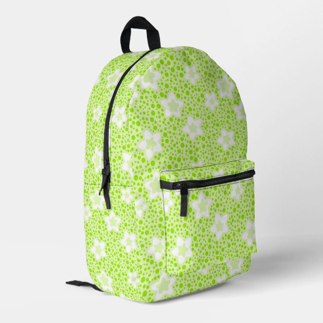 Hellgrüne Retropolka-Punkte mit Blumenmuster Bedruckter Rucksack (Rückseitige Ecke links)