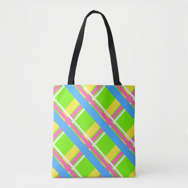 Hellgrüne, rosa, gelbe und blaue karierte Tasche (Vorderseite)