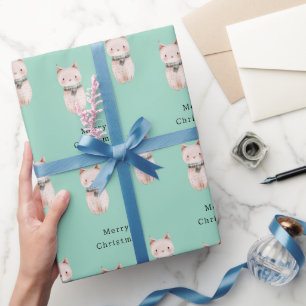 Hellgrüne Rosa Katzen Weihnachten Geschenkpapier