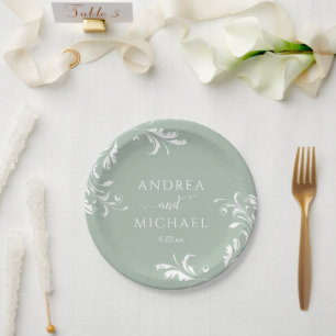 Hellgrüne Sage-Grün-Hochzeit Elegant Luxuriös Blüh Pappteller