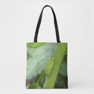 Hellgrüner Baumfrosch auf einer Totttasche