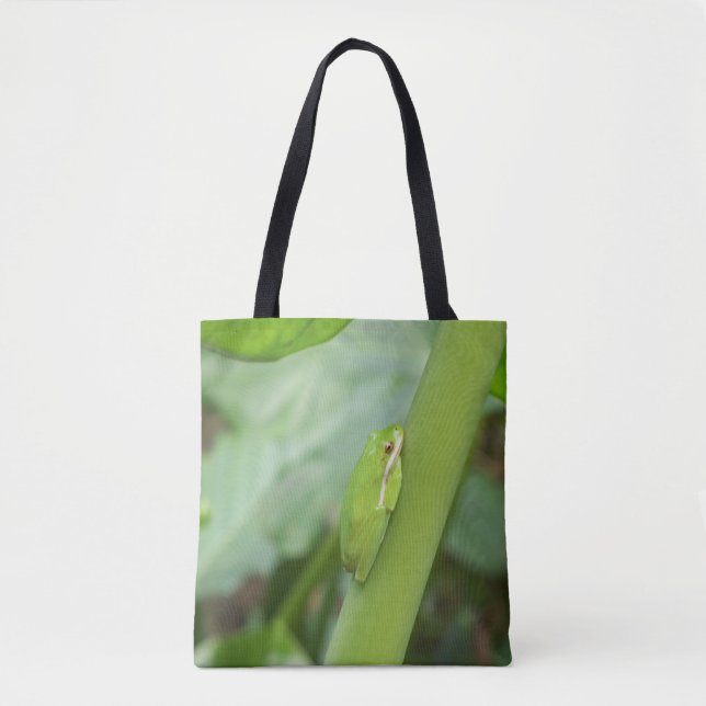 Hellgrüner Baumfrosch auf einer Totttasche (Vorderseite)